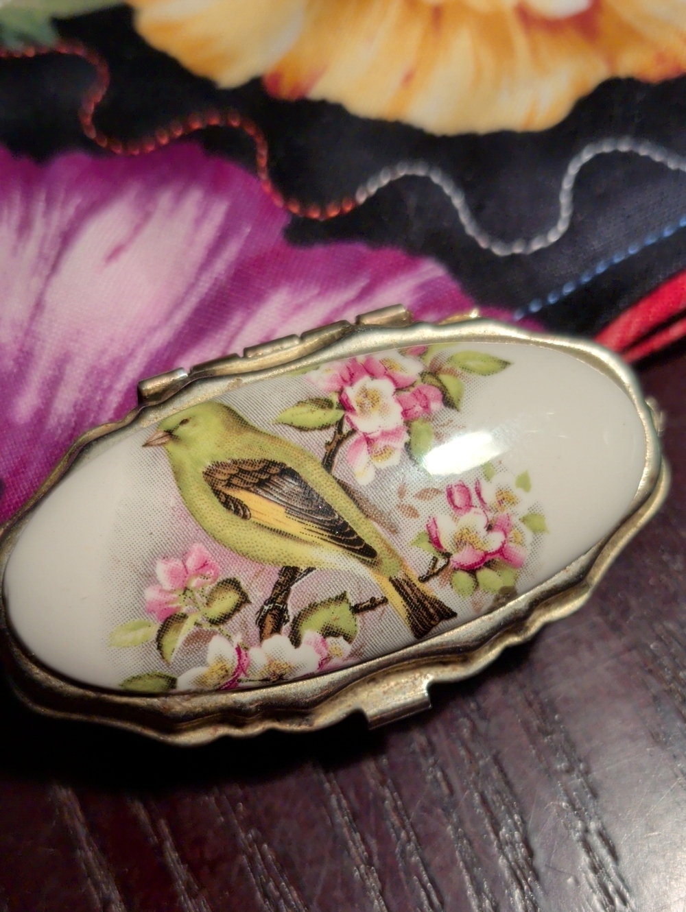 Vintage Yellow Bird Porcelain On Top Of A Trinket/Pill Box Floral Design